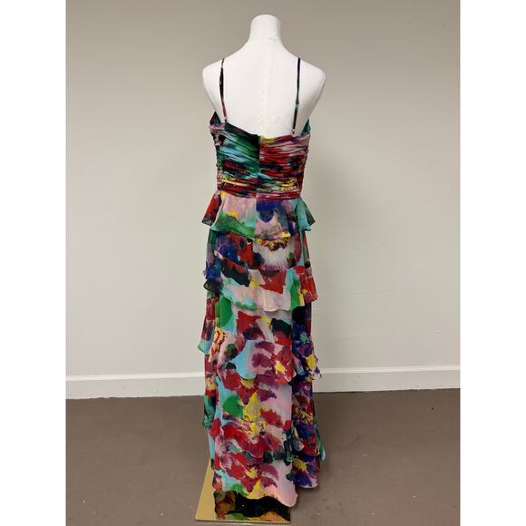 Xscape Multi-Printed Chiffon Sleeveless Tiered Dress Sweetheart Neck Size 14 - Picture 4 of 5